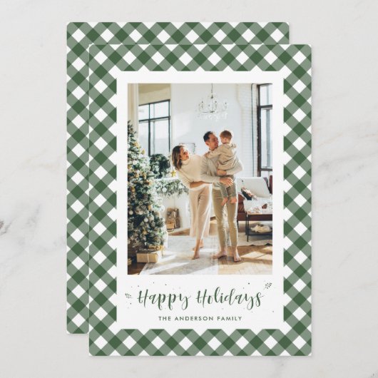 カスタム緑と白の格子縞の写真ホリデーカード シーズンカード (正面/裏面)