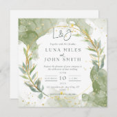 カスタム緑と金ゴールドの結婚式招待状 招待状 (正面/裏面)