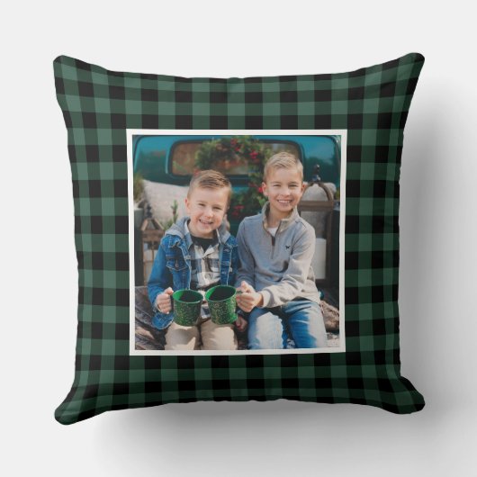 カスタム緑と黒のバッファローの格子柄の休日の写真 クッション (裏面)