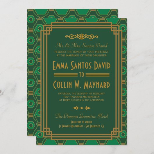 カスタム緑のアールデコ結婚式 招待状 (正面/裏面)