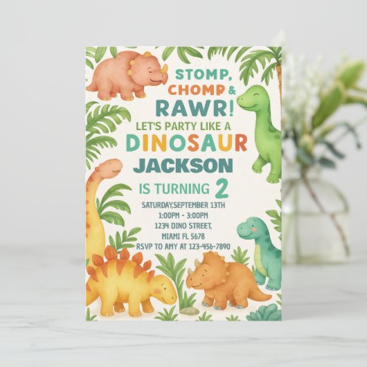 カスタム編集可能ディノパーティー招待状 シーズンカード (スタンド正面)