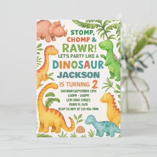 カスタム編集可能ディノパーティー招待状 シーズンカード (スタンド正面)