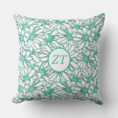 カスタム美しいティール（緑がかった色）と白フローラ クッション (正面)
