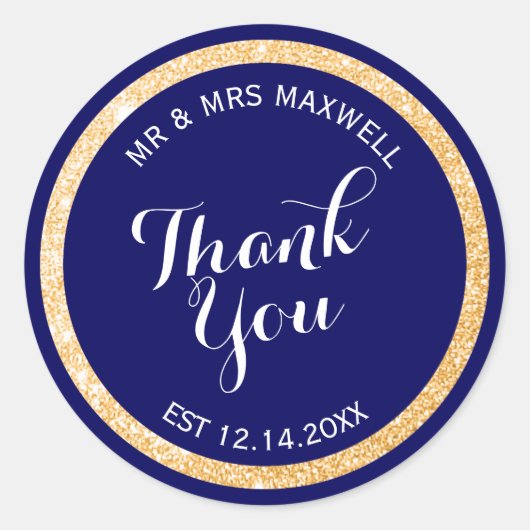 カスタム背景色と金ゴールドグリッターありがとう ラウンドシール (正面)