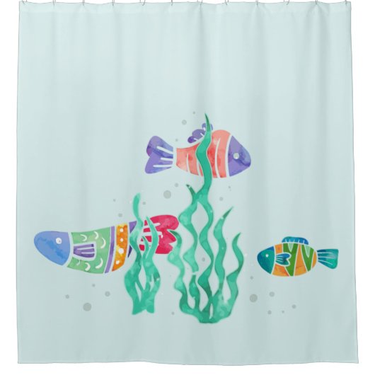 カスタム背景色の水彩海底魚 シャワーカーテン (正面)