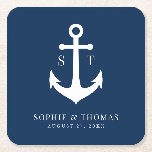 カスタム背景色モノグラムいかり結婚ズ スクエアペーパーコースター (正面)