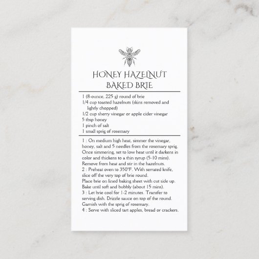 カスタム自家製ハニーヘーゼルナットブ焼いたリーレシピ 名刺 (裏面)