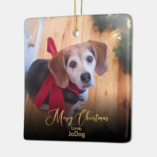 カスタム自身のペット写真エレガント金ゴールドスクリプト セラミックオーナメント (左)