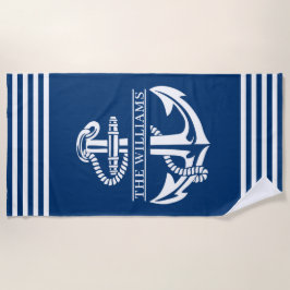 カスタム航海のいかりオンブルーとホワイトストライプ ビーチタオル