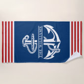 カスタム航海のいかりオン赤と白ストライプ ビーチタオル (正面)