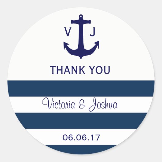 カスタム航海のネイビストライプーブルーいかり結婚ズ ラウンドシール (正面)