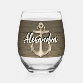 カスタム航海のボートいかり名ウッド ステムなしワイングラス (正面)