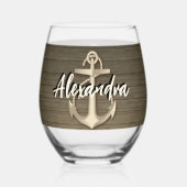 カスタム航海のボートいかり名ウッド ステムなしワイングラス (裏面)