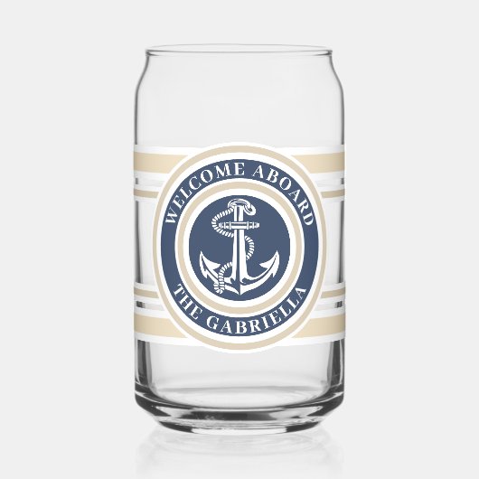 カスタム航海のボートネームいかりネイビーブルー縁ど ガラス缶 (正面)