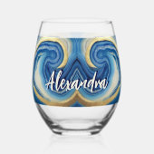 カスタム航海のボート名ネイビーブルーホワイトマーブル ステムなしワイングラス (正面)