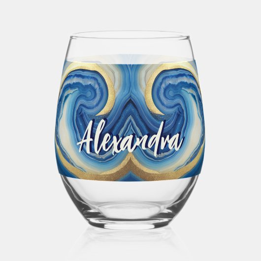 カスタム航海のボート名ネイビーブルーホワイトマーブル ステムなしワイングラス (正面)