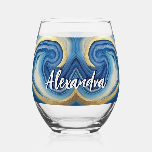 カスタム航海のボート名ネイビーブルーホワイトマーブル ステムなしワイングラス (裏面)