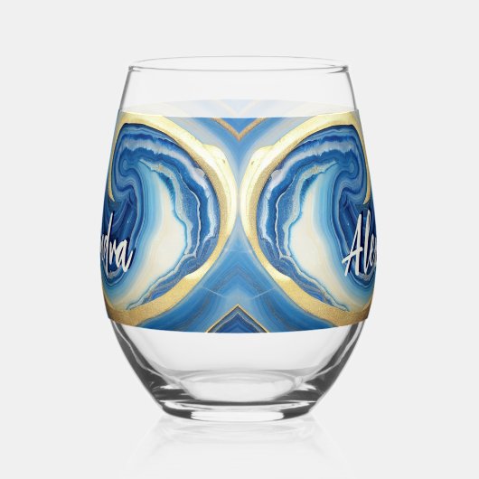 カスタム航海のボート名ネイビーブルーホワイトマーブル ステムなしワイングラス (右)