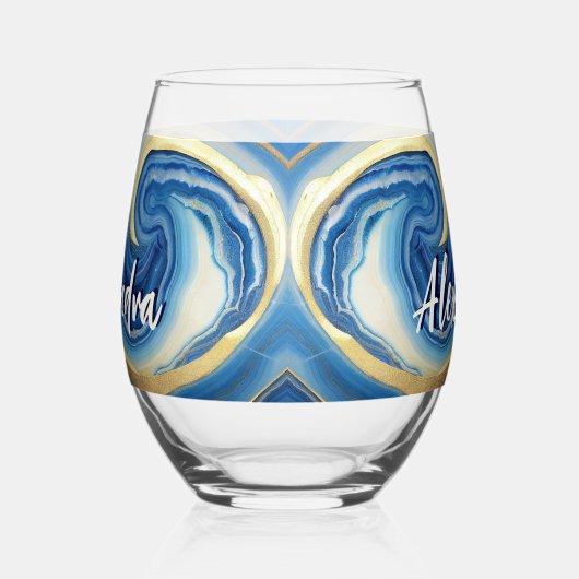 カスタム航海のボート名ネイビーブルーホワイトマーブル ステムなしワイングラス (左)