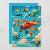カスタム航空機最初の誕生日キッドパーティー 招待状 (正面/裏面)