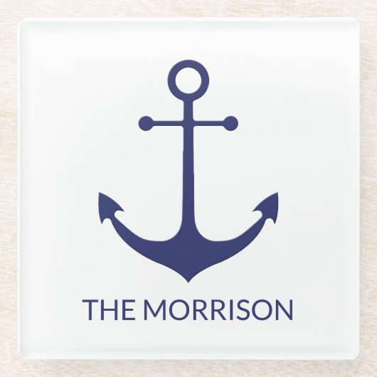 カスタム船の名航海の前いかりネイビーブルー白 ガラスコースター (正面)