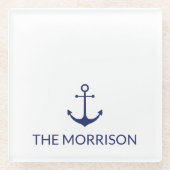 カスタム船の名航海の前いかりネイビーブルー白 ガラスコースター (正面)