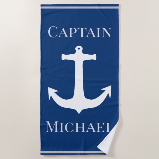 カスタム船長名(海軍の航海のいかり付き) ビーチタオル (正面)