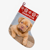 カスタム色のパーソナライズされたペット名と写真 ラージクリスマスストッキング (正面 (吊り時))