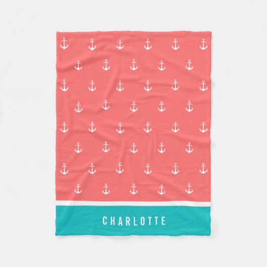 カスタム色の名前の追加航海のいかり フリースブランケット (正面)