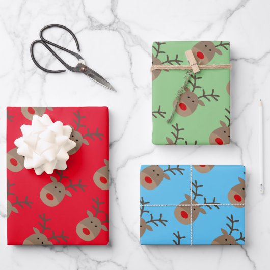 カスタム色Rudolfトナカイの漫画クリスマス ラッピングペーパーシート (正面)