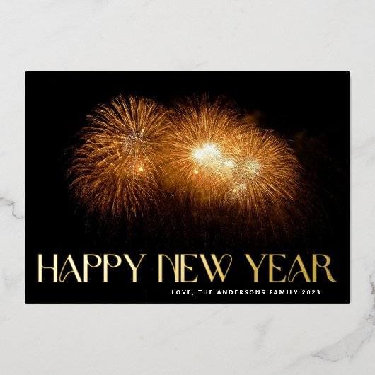 カスタム花火金ゴールドおめでとう新年フォトバック 箔シーズンカード (正面)