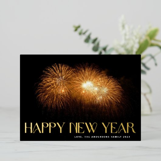 カスタム花火金ゴールドおめでとう新年フォトバック 箔シーズンカード (立ち正面)