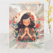 カスタム若い女の子のフローラ祈オレンジの挨拶 カード (黄色い花)