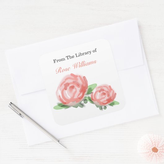 カスタム蔵書票-バラ水彩 スクエアシール (封筒)