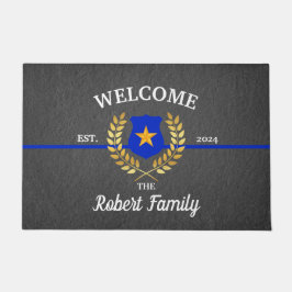 カスタム薄いブルーライン警察バッジウェルカムブラック ドアマット
