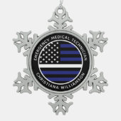 カスタム薄いホワイトラインUSA国旗EMS EMT スノーフレークピューターオーナメント (正面)