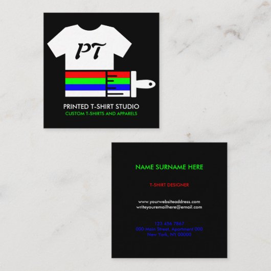 カスタム衣料品店プリントシャツ スクエア名刺 (正面/裏面)