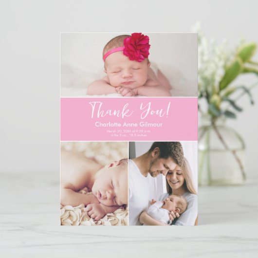 カスタム複数の写真ソフトピンクの赤ちゃん女の子シャワー サンキューカード (スタンド正面)