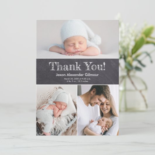 カスタム複数の写真チョークボード男の赤ちゃんシャワー サンキューカード (スタンド正面)