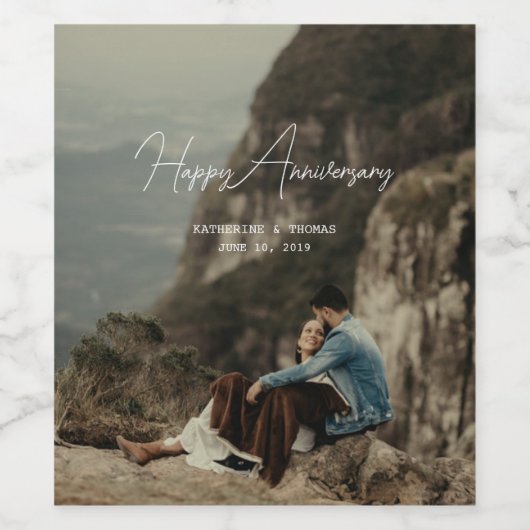 カスタム記念写真周年記念ミニマル結婚リスト ワインラベル (シングルラベル)