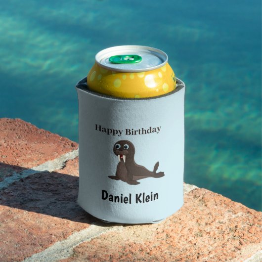 カスタム誕生日かわいい灰色アザラシ 青 缶クーラー (インサイチュ プール)