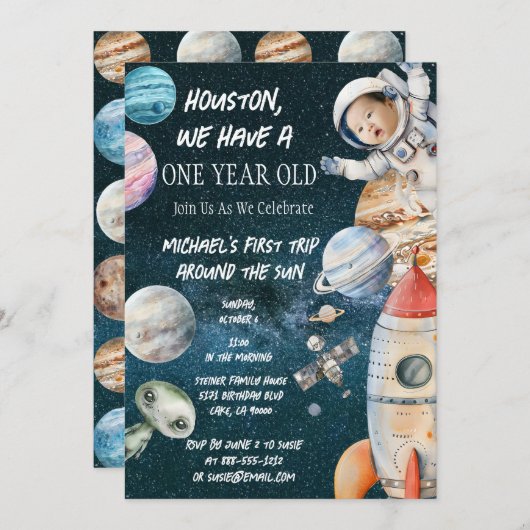 カスタム誕生日エイジ宇宙飛行士 招待状 (正面/裏面)