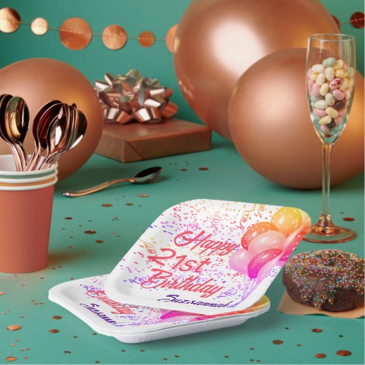 カスタム誕生日カラフル紙吹雪(バルーンあり) ペーパープレート (複数)