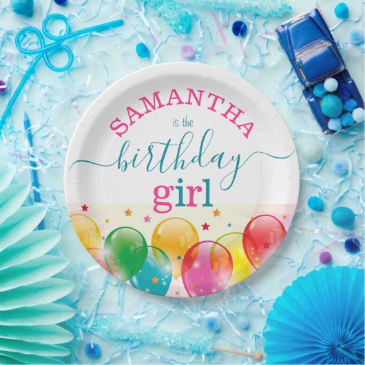 カスタム誕生日ガールフェスティバルカラフルピンク/ティール（緑がかった色） ペーパープレート (パーティー)