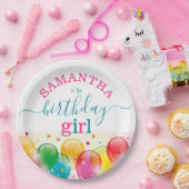 カスタム誕生日ガールフェスティバルカラフルピンク/ティール(緑がかった色) ペーパープレート (パーティー)