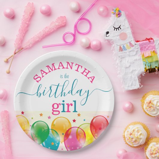 カスタム誕生日ガールフェスティバルカラフルピンク/ティール(緑がかった色) ペーパープレート (パーティー)