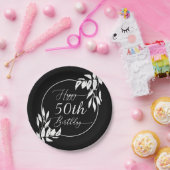 カスタム誕生日ハッピー50thブラック&ホワイトボタニカル ペーパープレート (パーティー)