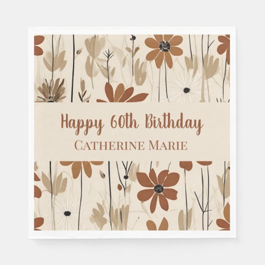 カスタム誕生日ハッピー60th金ゴールドモダンワイルドフラワー スタンダードランチョンナプキン (正面)