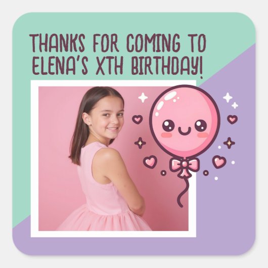 カスタム誕生日パーティーかわいいバルーン写真ありがとう スクエアシール (正面)