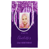 カスタム誕生日パープルピンクグリッタードリップ スモールペーパーバッグ (正面)